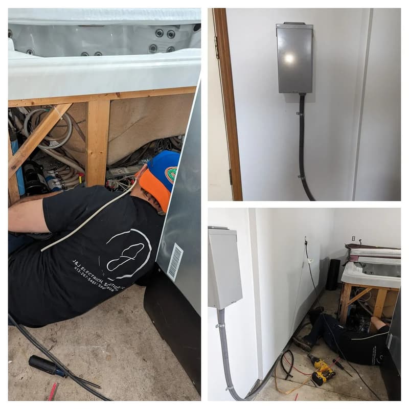 Collage of hot tub wiring and installed electrical disconnect boxes
